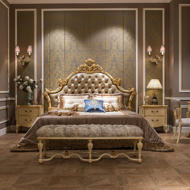 Headboard Bed Luxury Bedroom Furniture King Size Bed Queen Size Italian Leather Bed 2023 Soft Classical Chesterfield Leather