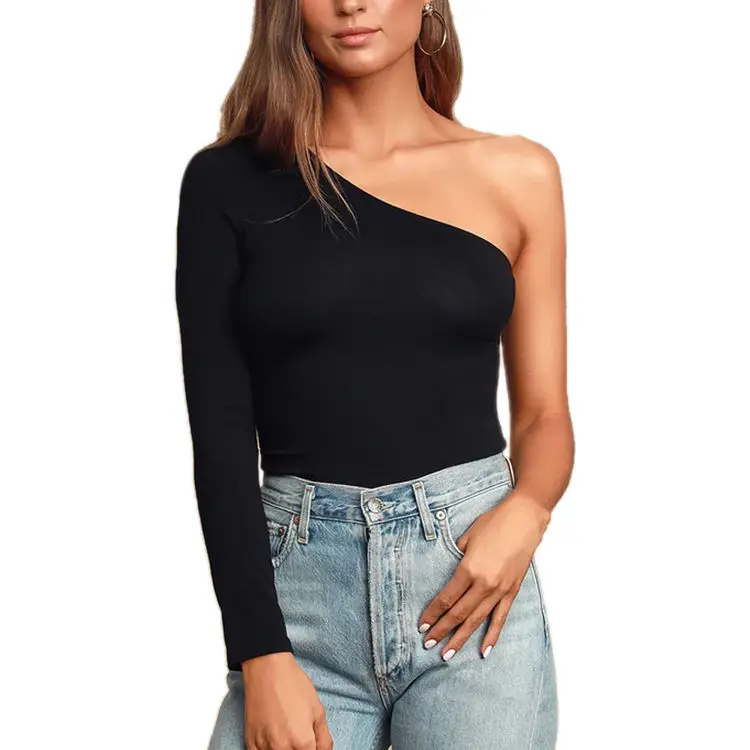 Women Customized Bamboo Viscose Long Sleeve One Shoulder Black Knit Cropped Top Shirt Made From Cozy Sustainable Bamboo Fabrics