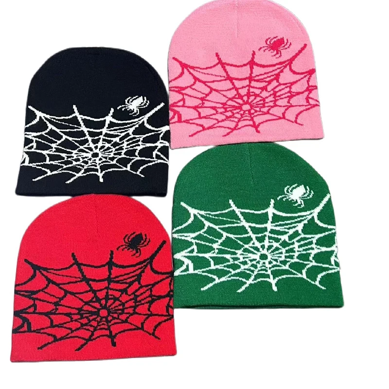 Wholesale Unisex Cool Beanie Hats Spider Web All Over Printing Custom Logo Warm Cap Acrylic Jacquard Knitted Cuffless Beanie