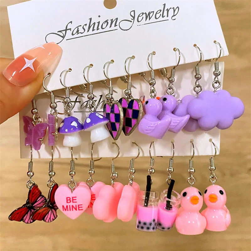 Cartoon Frog Duck Earrings Set Animal Butterfly Heart Dangle Earrings for Women Geometric Bear Cloud Earring Trendy Jewelry