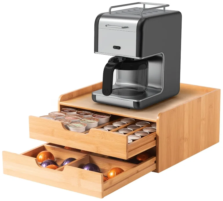 Bamboo Coffee Pods Holder Storage Compatible with Keurig K Cup Espresso Pods Tea Bag Organizer Drawer with Lip Panel