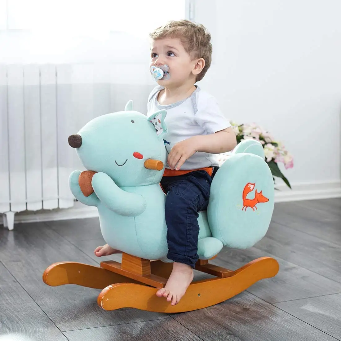 Labebe Stuffed Baby Gift Blue Squirrel Plush Stuffed Animal Rocker Chair Baby Rocking Horse Wood Rocking Chair