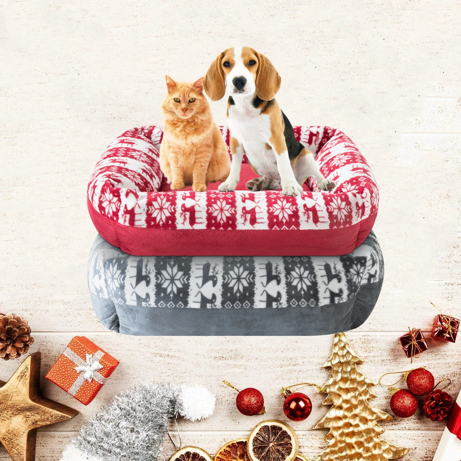 Pawise Wholesale Custom Comfortable Tufted Velvet Luxury Dog Cat Bed Polyester Stuffing Cozy Christmas Elk Pet Bed And Pillow