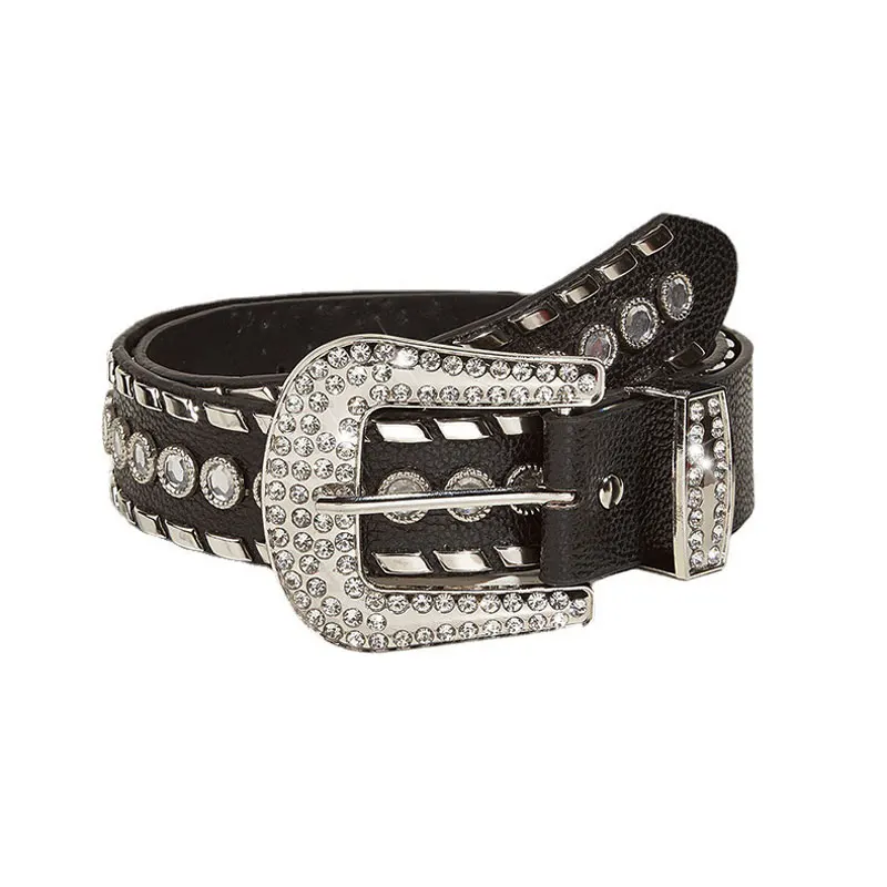 Top Selling Fashion Studded Punk Rivet Belts Stylish Rhine Stone Women Cool Girl PU Leather Belts Alloy Pin Buckle Waistband