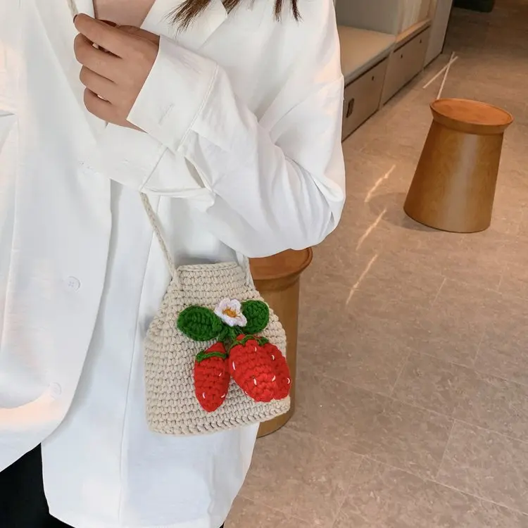 fashion wholesale handmade weave cute handbag crossbody or single shoulder strawberry knitting crochet bag purse for women girl