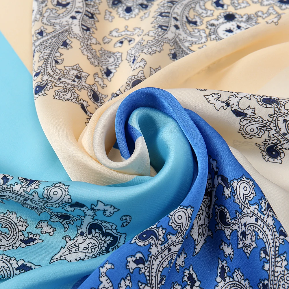 New Arrival 110*110cm Summer Hairband Bandana Floral Cashew Square Printed Hijab Women Satin Silk Scarf