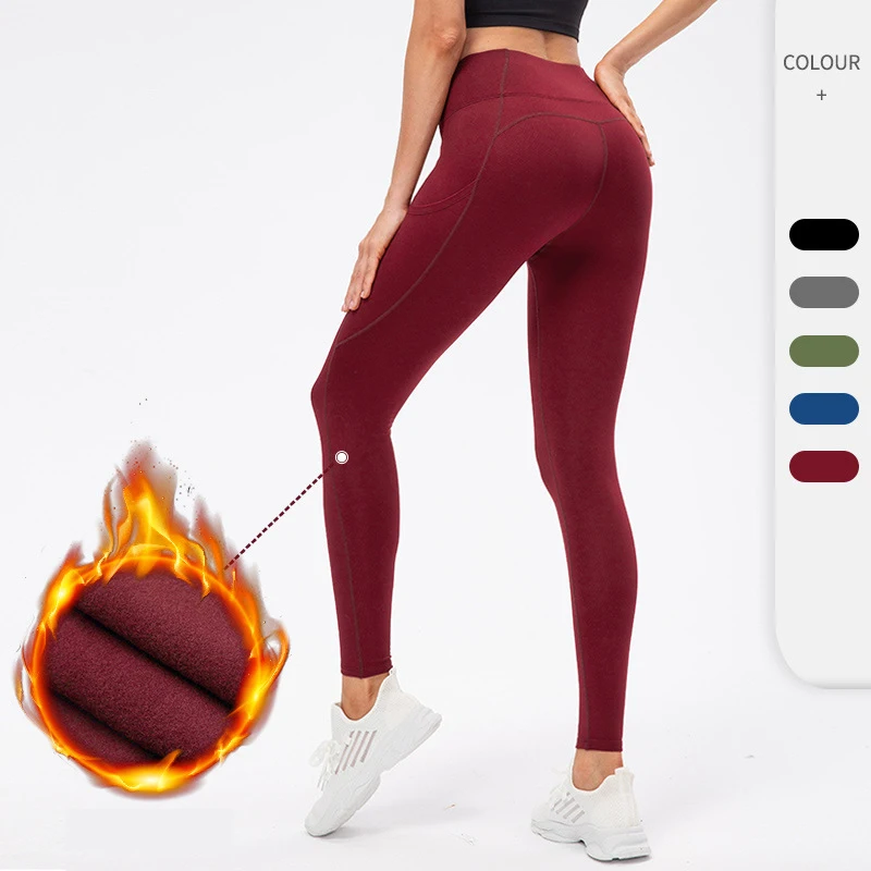 No Front Lines Plus Velvet Custom Women Keep Warm Thermal Training Running Fitness Yoga Pants Tights with Pockets