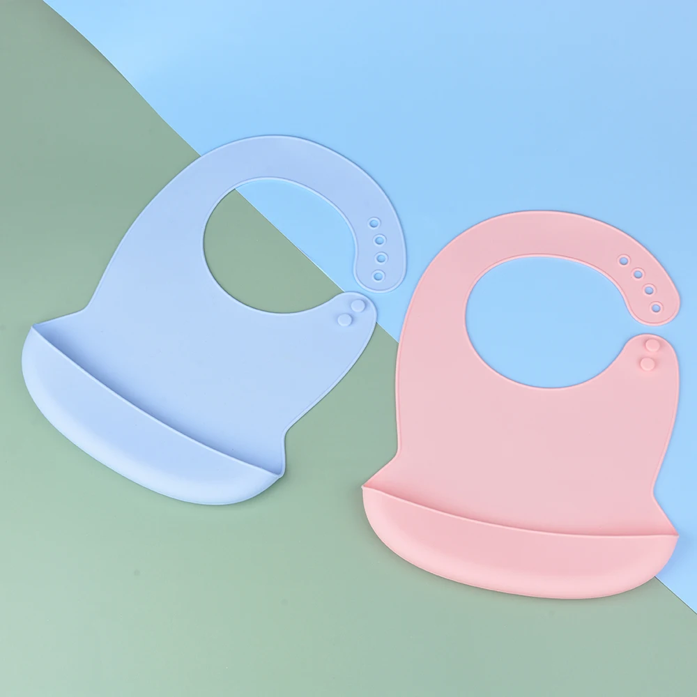 Bpa Free Waterproof Silicone Baby Bib with Food Catcher Pure color Silicone Bibs Wholesale Feeding Supplies