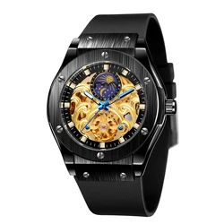 FORSING Top Luxury Brand Men Automatic Mechanical Watch Golden Metal Series 3D Skeleton Dial Moon Phase Male Wrist Watches
