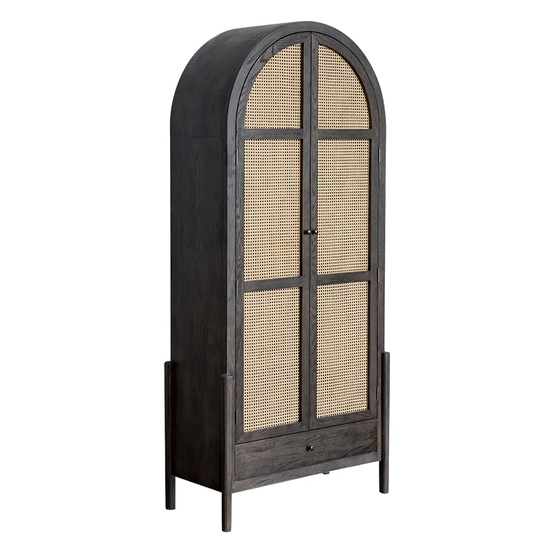 Unit Arched Retro Rattan Wardrobe Cabinet Wooden Cupboards for Bedroom Wardrobe