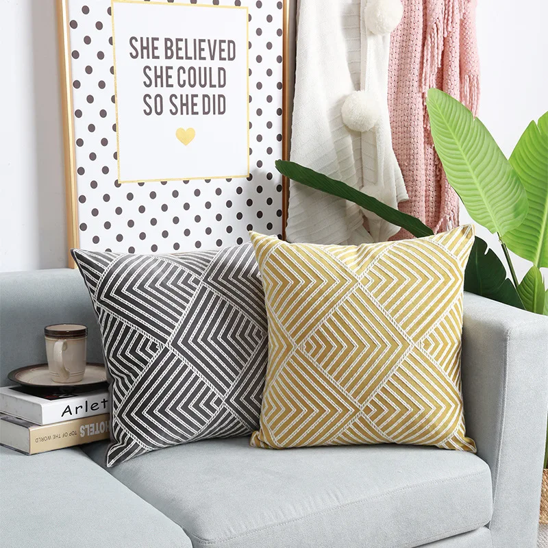 Хлопковая наволочка с вышивкой желтая декоративная для подушки Геометрическая невидимая Наволочка на молнии гостиной