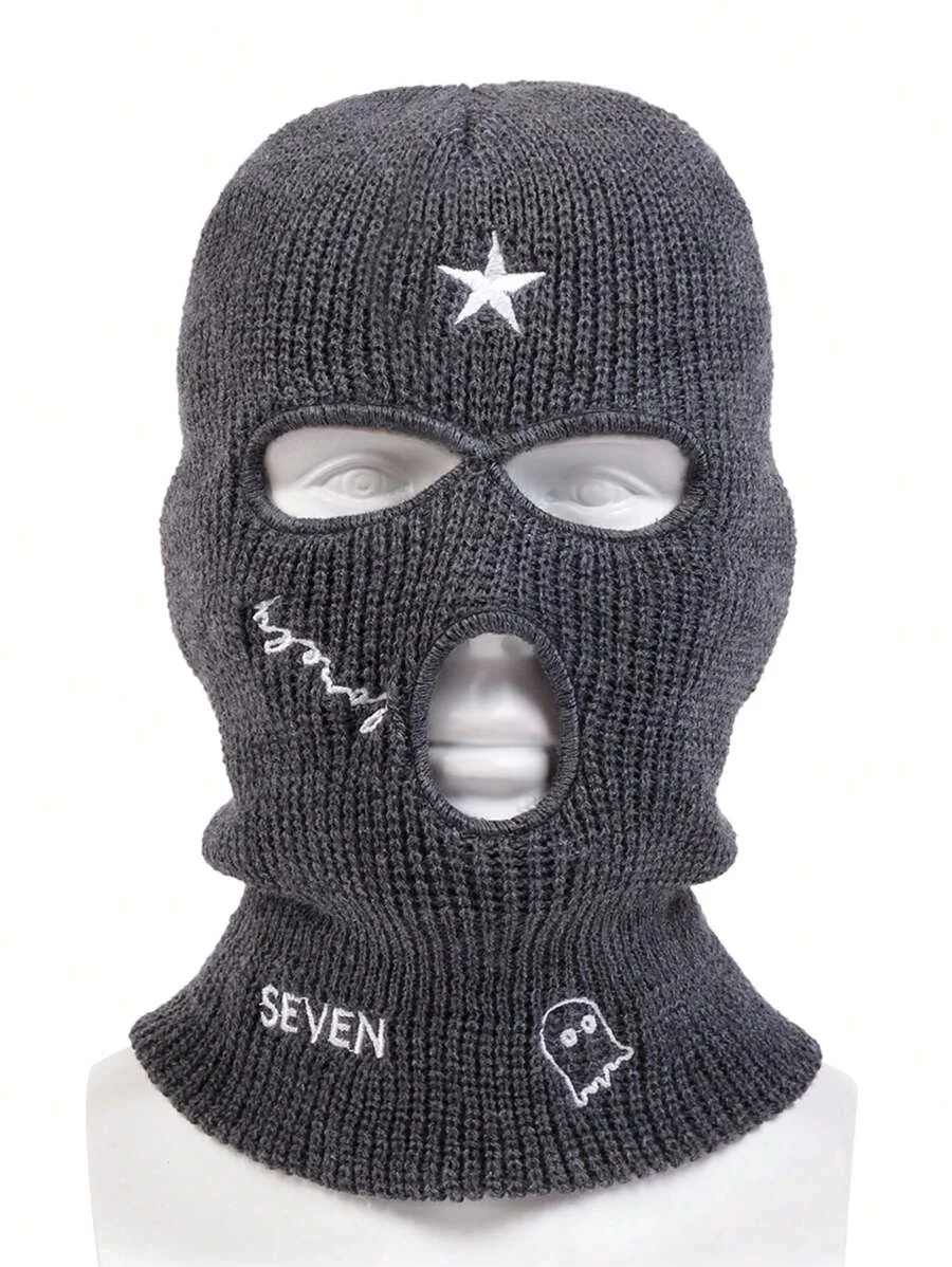 Windproof Warm Embroidered Knitted 3 Hole Knit Ski Mask Hat Five-Pointed trap star Full Face Ski Balaclava Hat With Custom Logo
