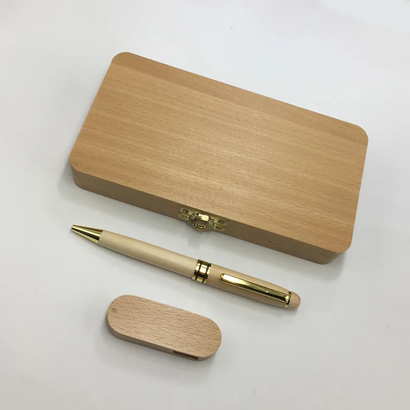 High Quality Luxury Custom Engraved Logo Gift Set Wood Pen USB Flash Drives with Wood Box