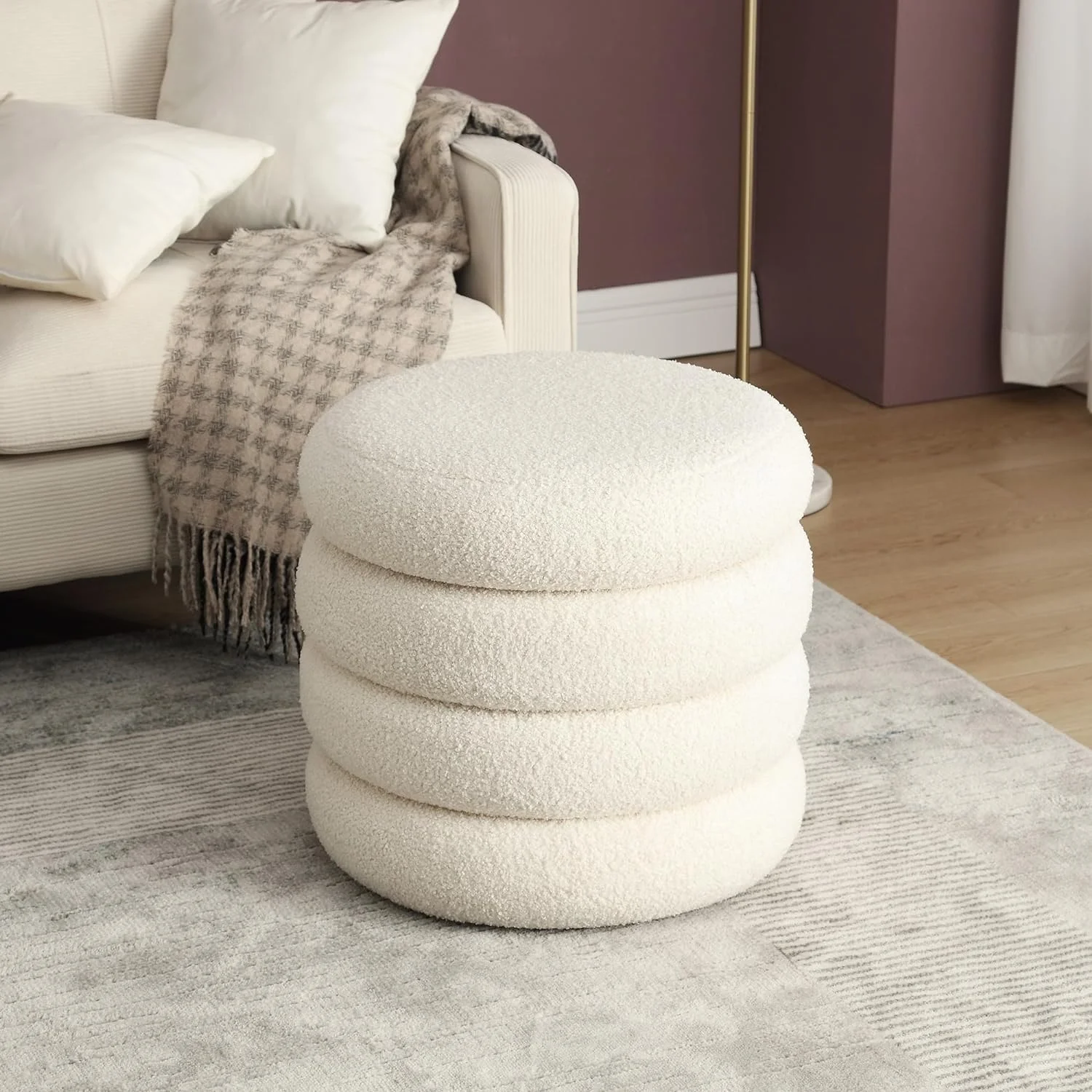 Modern Furniture Boucle Fabric Round Soft Tufted Footstool Storage Ottoman with Removable Lid for Living Room