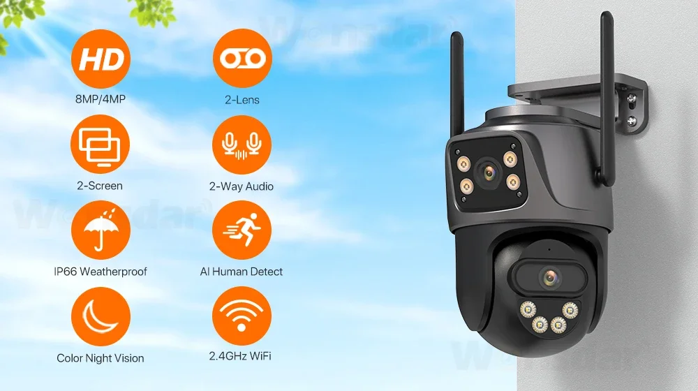 Wifi 6MP Dual Lens PTZ IP Network Camera IR Night Vision Automatic Tracking Waterproof Outdoor Security CCTV Indoor