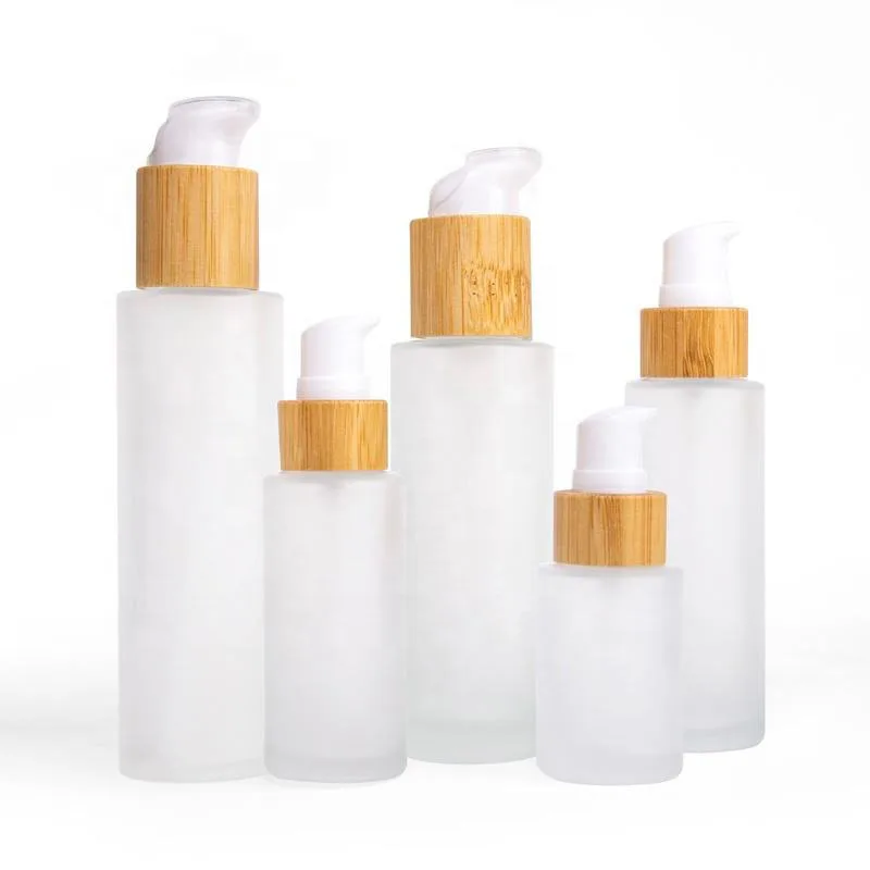 Orgontic New Developed Frosted Wooden Bamboo Cap Round Transparent 10ml 30ml 50ml Glass Bottle With Lotion Pump