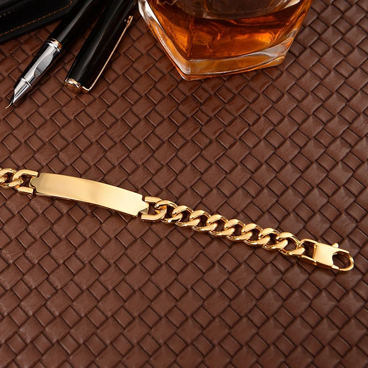 high quality polishing finish 18K gold PVD plated 7mm width stainless steel plate bracelet for men women