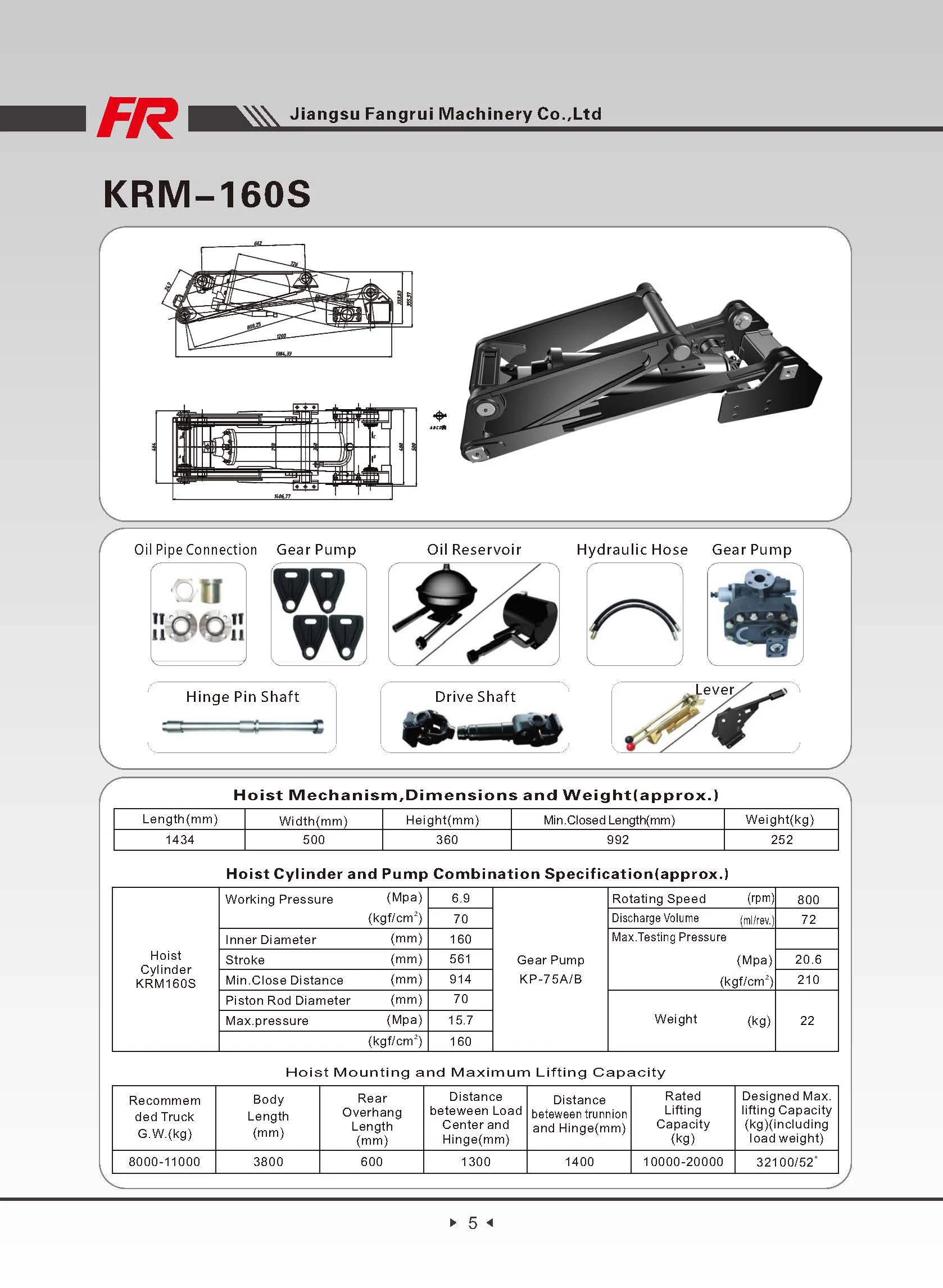 
China manufacturer KRM160S hydraulic hoist system for dump truck With Good Service 