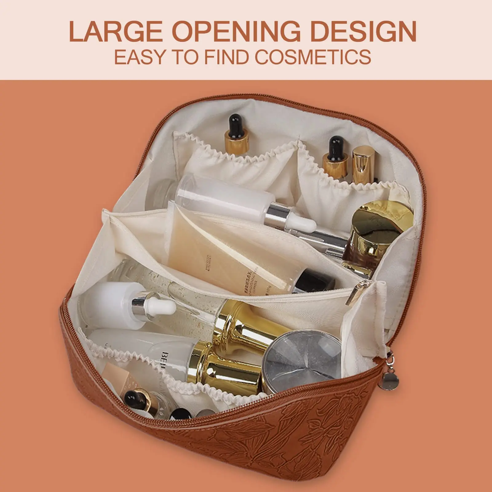 Travel Makeup  Cosmetic Bag With Compartments Large Capacity Water Resistant PU Leather Makeup Bag Lay Flat Makeup Bag