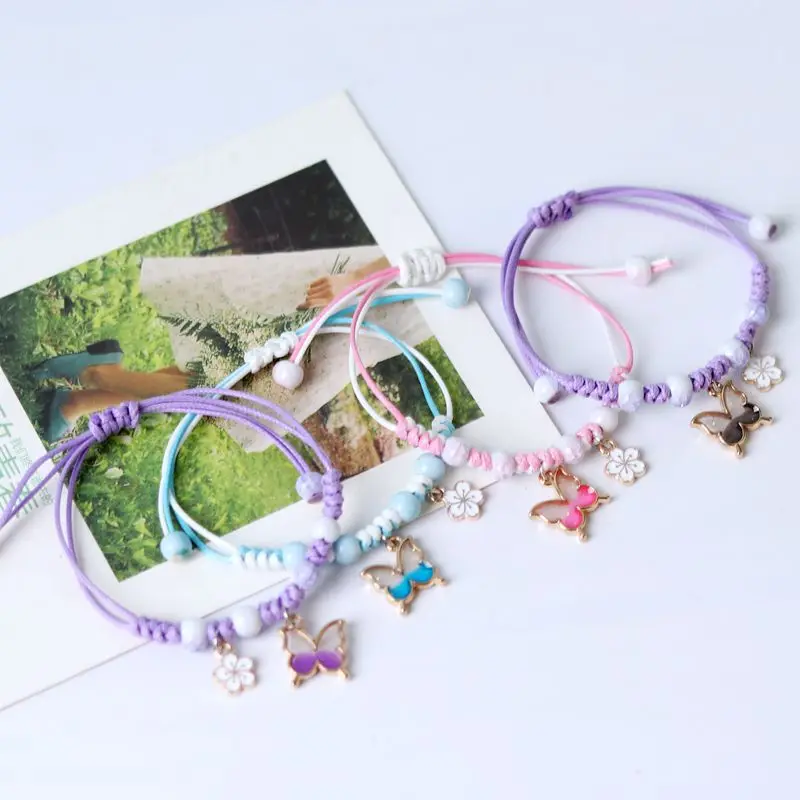 Couple Friendship Resin Butterfly Bracelets Bohemian Ceramic Beaded Enamel Flower Charm Handmade Braid Rope Girl Cute Bracelet