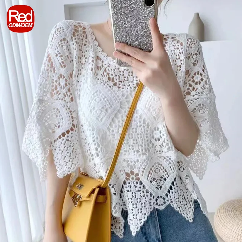 RedHK In Stock High Quality Women Long Sleeve Crochet Top Vintage Lady Lace Crochet Hem Top Handmade Sunny Girls Crochet Shirts