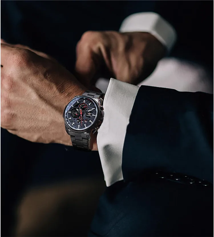 Forsining Three Dial Calendar Display Black Stainless Steel Men Automatic Wrist Watch Top Brand Luxury Sport Male Clock