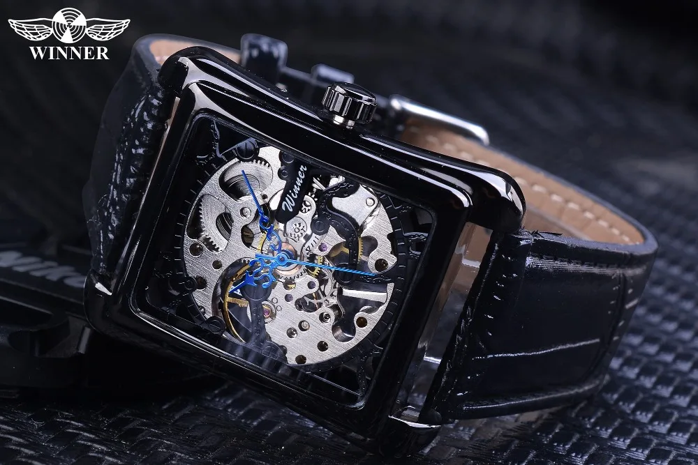 OEM/ODM Winner Watch Retro Casual Series Rectangle Dial Design Golden Pattern Hollow Skeleton Men Top Brand Luxury Mechanical