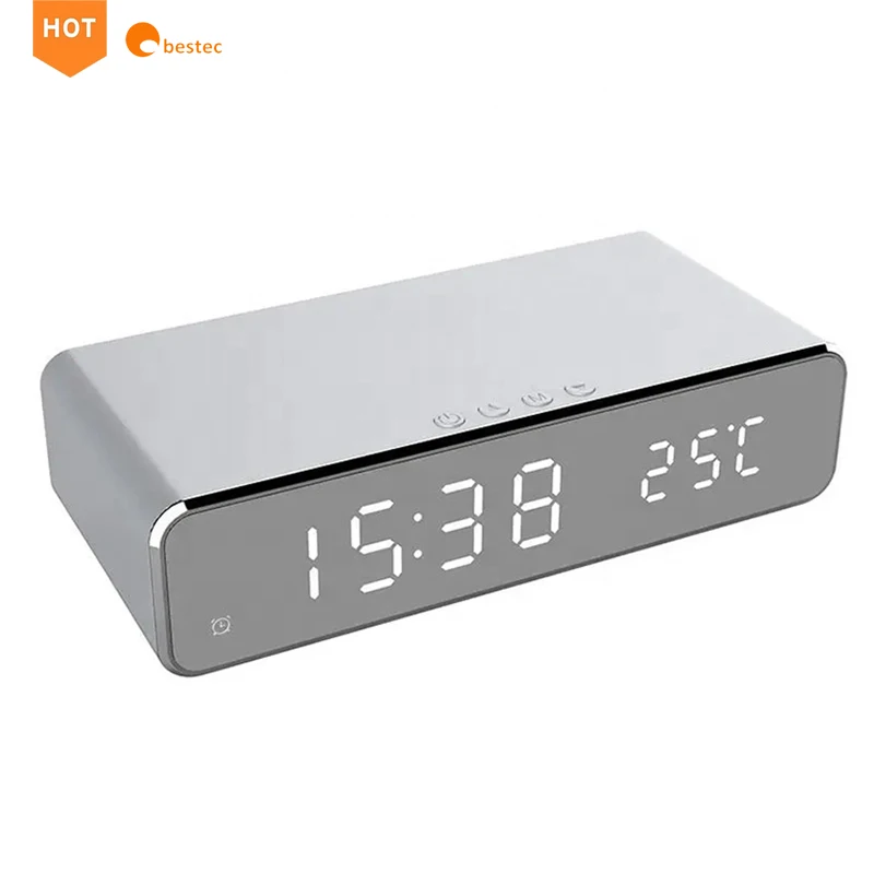 Multi-Function qi Wireless Charger with Desktop LED Digital Thermometer Clock and Time memory for Bedroom,Table