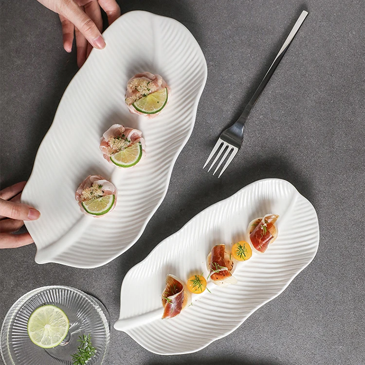 Nordic Ins style white Ceramic feather banana leaf plate porcelain sushi dessert plate barbecue Tray hotel tableware