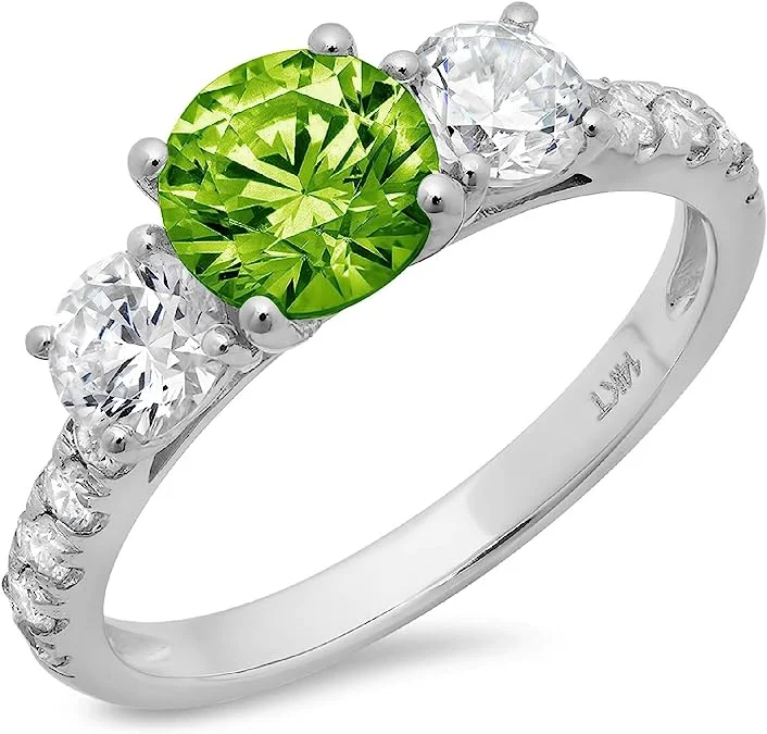Brilliant Round Cut 3 Stone With Accent Designer Genuine Natural Green Peridot Gemstone Ideal VVS1 Wedding Engagement Ring