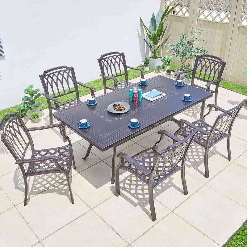 European-style outdoor cast aluminum dining tables and chairs outdoor waterproof and rust-proof can be multi-seat long table