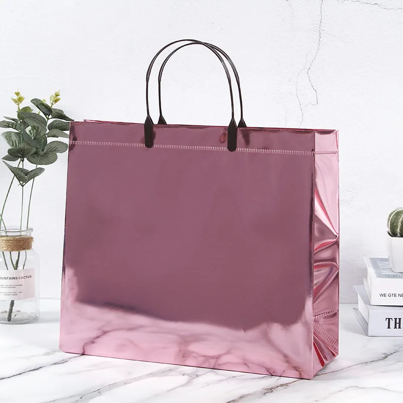 Metal laser Shopping mall gift clothing garments store  packaging shopping bag With plastic handle