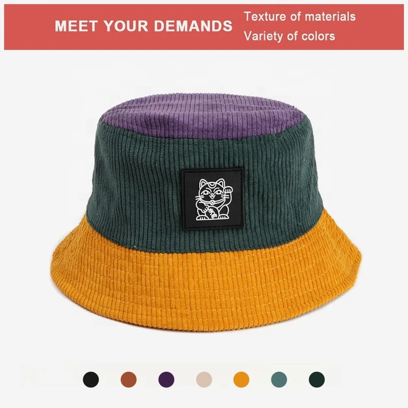 Wholesale Plain Contrast Corduroy Foldable Bucket Hat Custom Embroidery Logo Fisherman Hat For Women Outdoor Sun Protection Caps