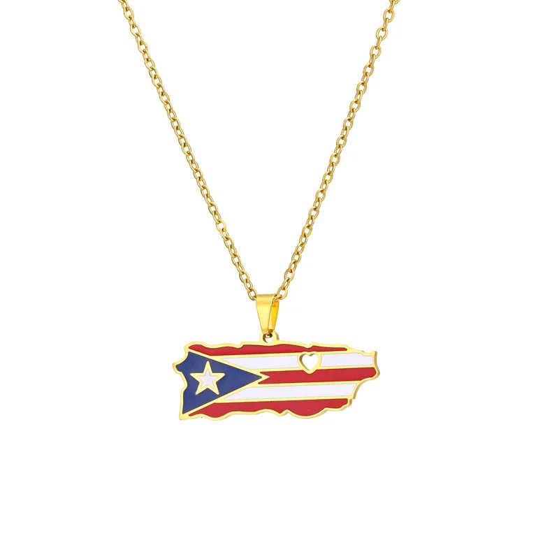 Stainless Steel Enamel Puerto Rico Map Pendant Chain Men Women Puerto Ricans PR Heart Map Necklace