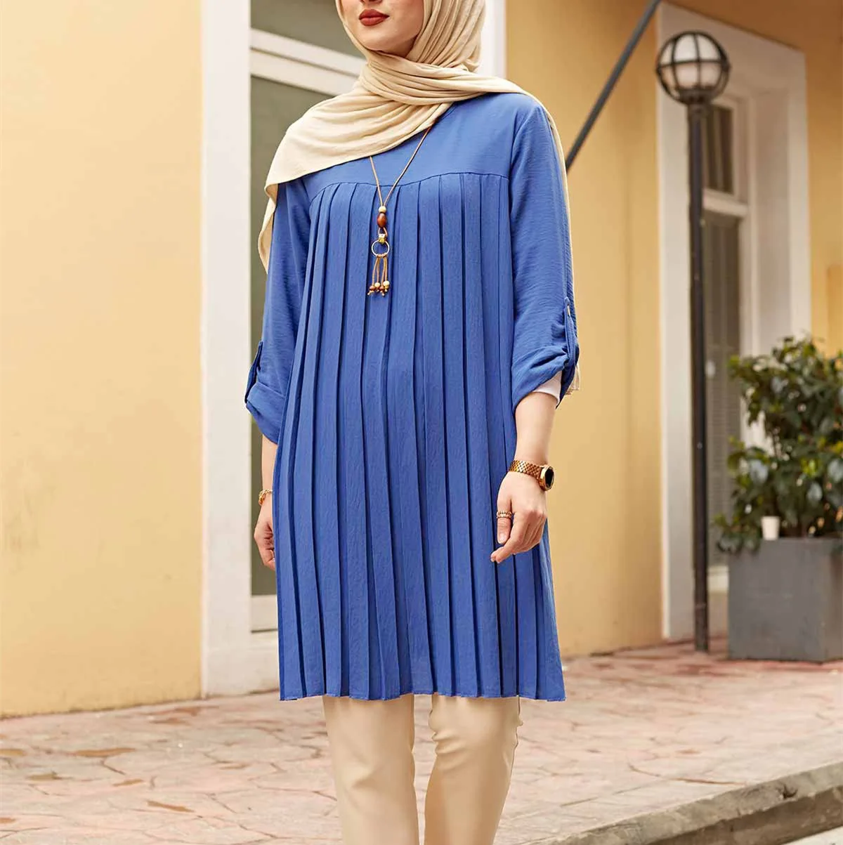 Casual Pleated Multicolor Crew Neck Plus Size Dress Blouses Latest Design Muslim Modest Blouses & Shirts Muslim Long Tops