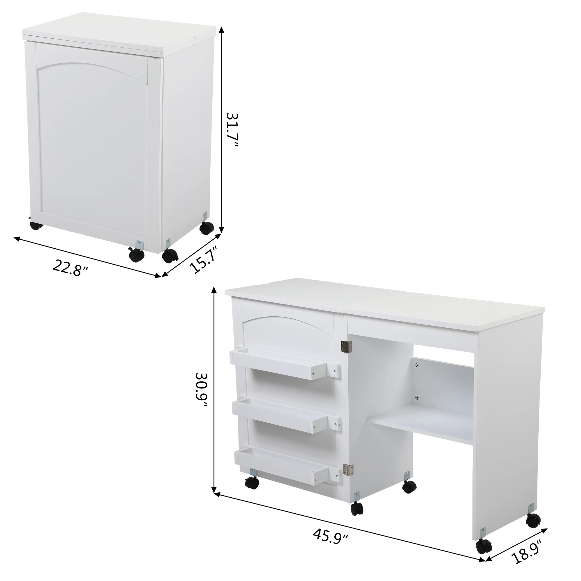 Folding Sewing Craft Cart&Sewing Cabinet Miscellaneous Sewing Kit Art Desk with Storage Shelves and Lockable Casters, White