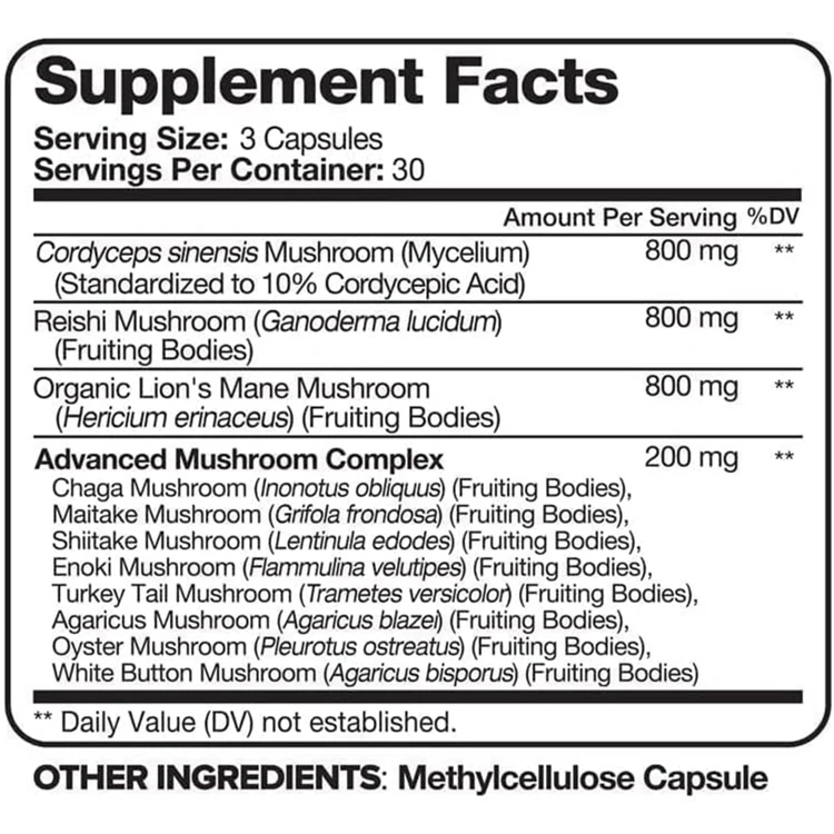 90 Capsules 11 Organic Mushrooms Nootropic Complex Mushroom Supplement