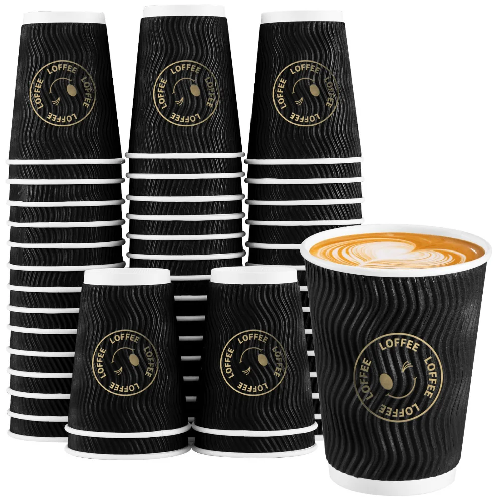 LOKYO Bio-degradable pla takeaway black 8oz 12oz 16oz ripple double wall paper cup disposable hot paper coffee cup with lids