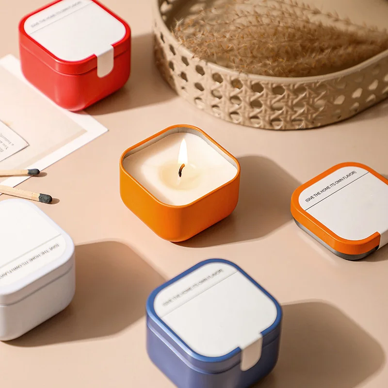 Сильный аромат портативная дорожная Жестяная Банка свечи подарки квадратная соевая восковая ароматическая Оловянная свеча 50 г