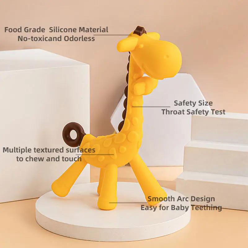Huiye Bpa-Free Baby Giraffe Teether Toys Cute Food Grade Silicone Chew Toys Anti-Swallowing Ease Discomfort Baby Teether Toys