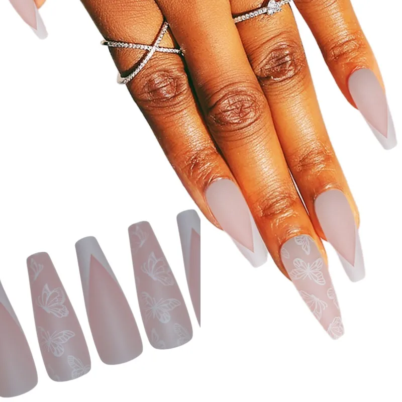 Matt Pink And Blue Color Design Ballet Type Fake Nails Art Salon Finger Nails Set Full Cover False Nails Art Tips DIY