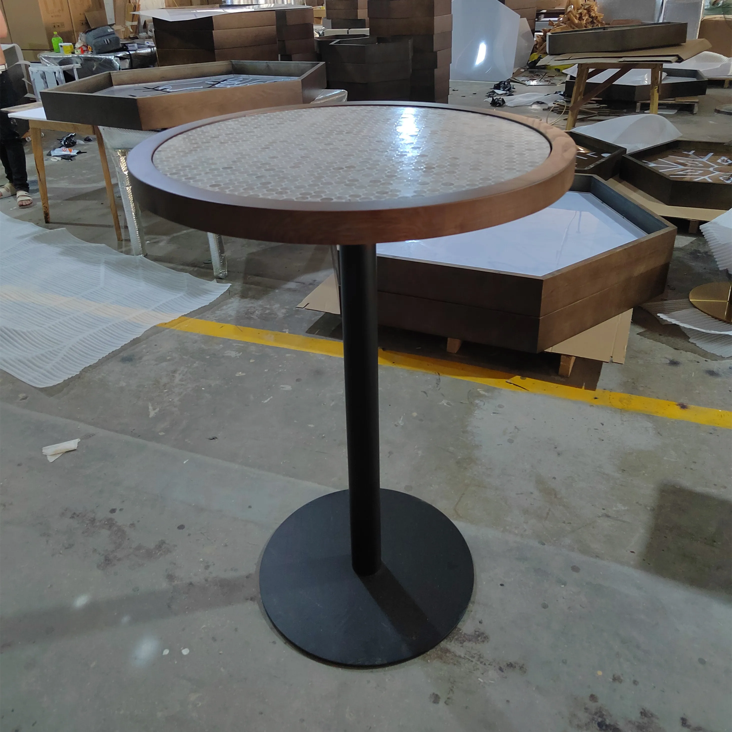 Bistro Pub Furniture Rustic Mosaic Top with Timeber Edge Cocktail Table Metal Base Round Bar Table