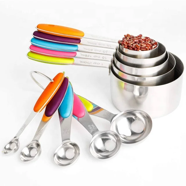 Kitchen Accessories 304/430 Stainless Steel Measuring Cups and Spoons 10 Pcs Set With Silicone Handle Measuring Cups and Spoons