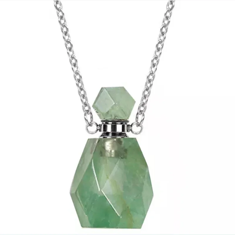 Wollet Octagonal Natural Original Stone Pendant Jade Amethyst Powder Crystal Perfume Bottle Necklace