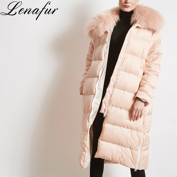 Winter New Design Women fox fur Long Hooded Feather White Duck Down Jacket For Women duck down puffer jackets for womens