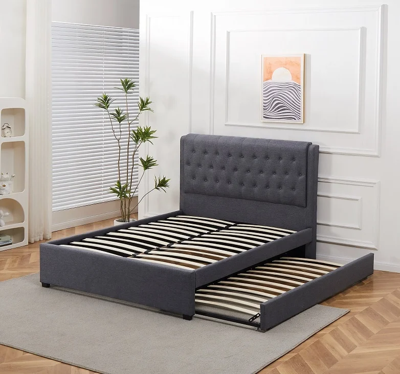 Modern Good Quality Dark Grey Linen Fabric Twin Single Bed Frame With Trundle Bottom Beds For Bedroom Furniture