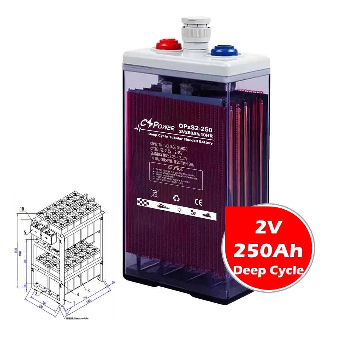 CSPower 2V 250Ah power storage Tubular AGM OPzS Battery for solar technology China manufacture OPzV2-250 RIT