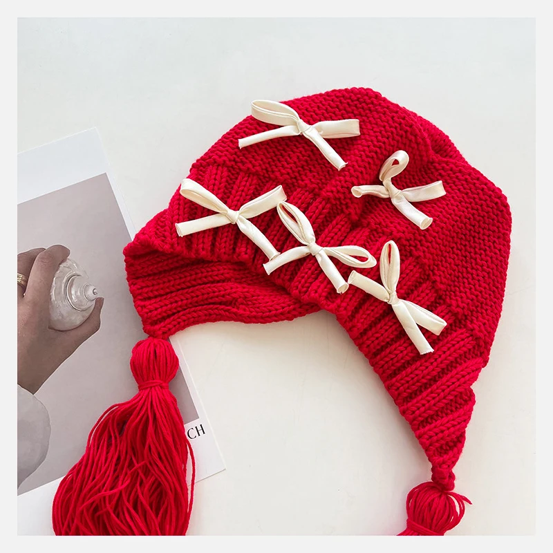 Custom Earflap Beanie Bow Tassel Knitted Hood Earflap Hats Winter Angora Knit Beanie Plush Hats