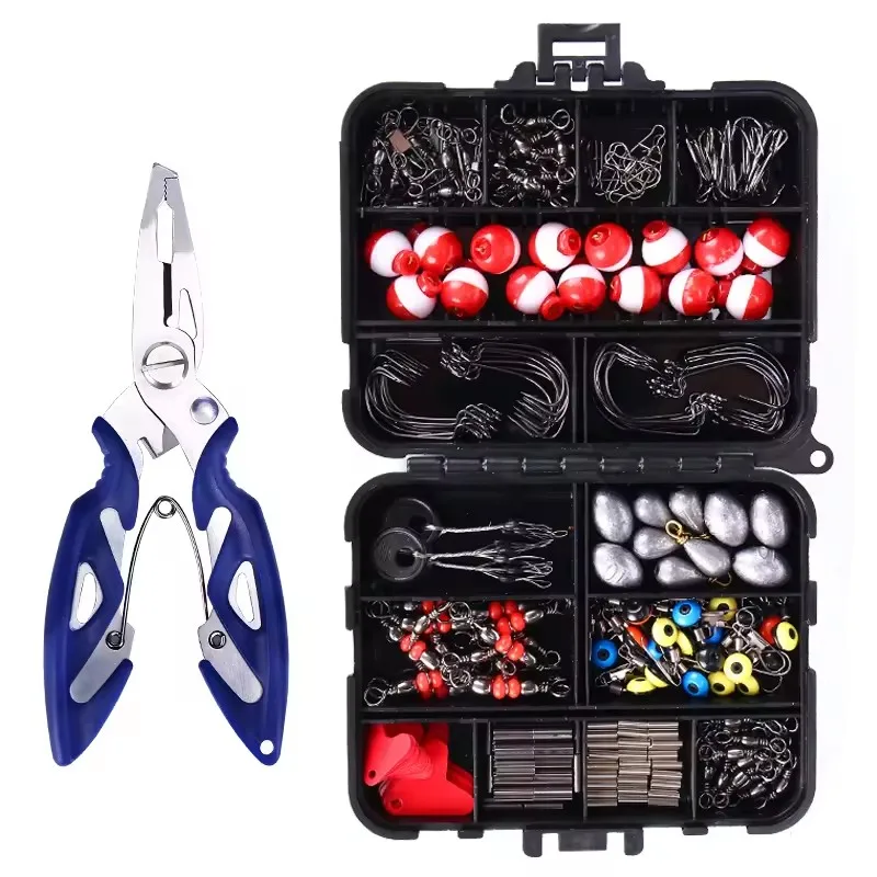 265pcs fishing accessories kit tackle box fishing accessory combo hook swivel snap float lead sinker pliers kits