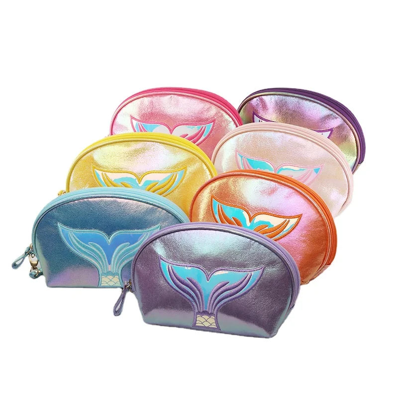 Portable Premium Iridescent Hologram PU Makeup bag Custom Logo Travel Pink Sparkle Shell Mermaid Beauty Pouch Cosmetic Bag Women